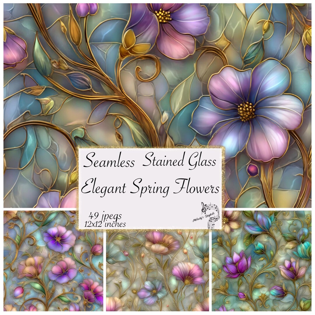 Spring Stained Glass Digital Paper, Iridescent Seamless Texture ...