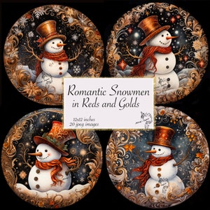 Muñecos de nieve románticos en papel de diario de Navidad rojo y dorado, papel de diario de muñecos de nieve, papel de diseños de sublimación de muñecos de nieve, papel navideño de muñecos de nieve