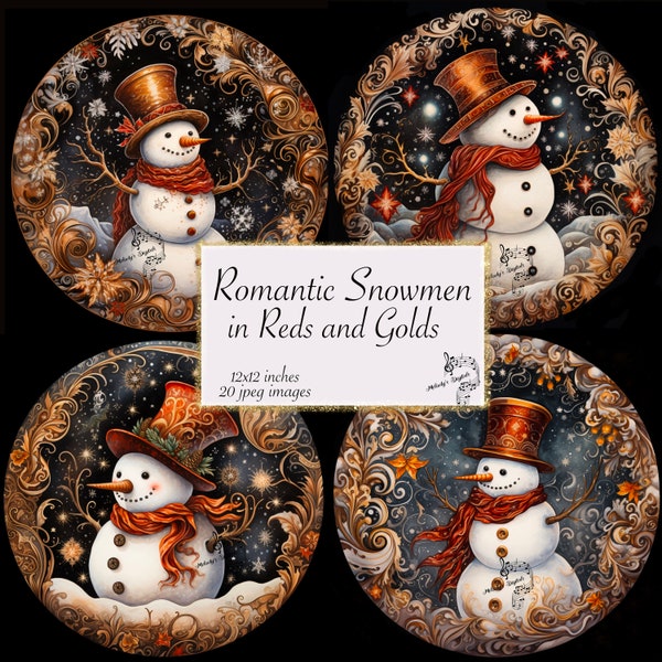 Romantic Snowmen in Reds and Golds Christmas Journal Paper, Snowmen Journal Paper, Snowmen Sublimation Designs Paper, Snowmen Holiday Paper