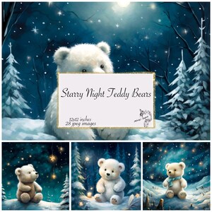 Papier numérique nuit étoilée, oursons aquarelle, papier pour chambre de bébé, pages de scrapbooking étoiles et ours en peluche