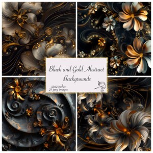 May include: Four digital backgrounds featuring abstract black and gold floral designs. The backgrounds are 12x12 inches and come in a set of 24 jpeg images.