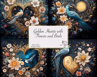 Golden Hearts Flowers Birds Digital Paper, Valentine's Day (Digital Download)