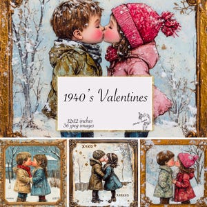 Charme des années 40, Saint-Valentin, Seconde Guerre mondiale, enfants s'embrassant avec bordure en feuille d'or et papier patiné pour arrière-plans de cartes de Saint-Valentin de journal indésirable