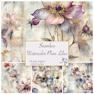 Seamless Watercolor Plum Lilies Clipart Flower Bouquets, Lilie Junk Journal Kit Scrapbooking Paper Digital Download Lily Floral Sublimations
