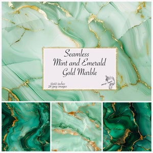 May include: Seamless digital paper featuring a mint and emerald green marble pattern with gold veins. The pattern is 12x12 inches and includes 28 jpeg images.