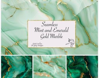 Op de afbeelding: Naadloze digitale papier met een mint- en smaragdgroen marmerpatroon met gouden aderen. Het patroon is 12x12 inch en bevat 28 jpeg-afbeeldingen.