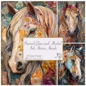 May include: A collage of four images featuring horse heads rendered in a stained glass and alcohol ink style. The horses display a variety of colors, including gold, blue, and pink, with floral accents. The text reads "Stained Glass and Alcohol Ink Horses Heads".