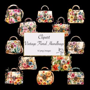 Set von 28 Aquarell Vintage Blumen Handtasche Clipart Vintage Handtasche Png Digital Image Download für die Kartenherstellung Scrapbook Junk Journal Crafts