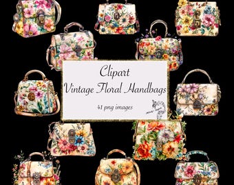 Watercolor Vintage Floral Handbag Clipart (Digital Download)
