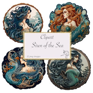Sirene der Meeres Clipart, digitales Papier, Junk Journal Papier, Fantasy Clipart, Clipart PNG, digitales Papier, sofortiger Download 8,5x11-Zoll-Seiten