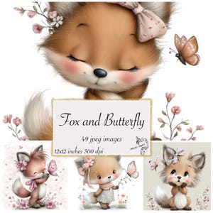 May include: Digital art featuring a cute fox with closed eyes, a bow, and a butterfly. The image includes the text "Fox and Butterfly" and details about the image size: 12x12 inches, 300 dpi. Additional images of foxes and butterflies are also included.