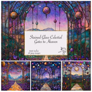 Celestial Stained Glass Digital paper, Stained Glass Celestial Gates to Heaven, Printable textures printable Scrapbook Paper