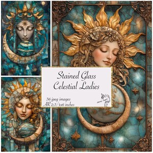Gebrandschilderd glas hemelgodin, Moon Junk Journal-pagina's, Digital Scrapbook Paper Kit, Sky Ephemera, afdrukbare astronomie, Mystical Star Page