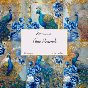 Papier pour journal romantique paons bleus, papier numérique, pages de journal indésirable rococo imprimables 8,5 x 11, téléchargement immédiat papier scrapbooking