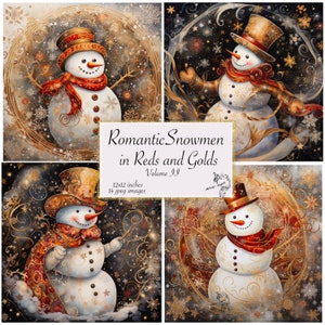 Romantic Snowmen in Reds and Golds Volume II Christmas Journal Paper Holiday Snowmen Paper Snowmen Junk Journal paper, Pupazzi di neve romantici