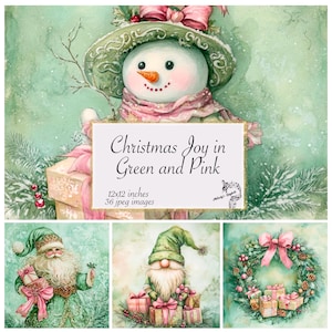 Santa Claus Junk Journal Pages, Christmas Joy in Green and Pink Junk Journal Digital Scrapbook Paper Kit Christmas printable Festive Holiday