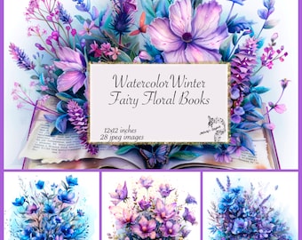 Watercolor Winter Floral Books Digital Paper (Digital Download)