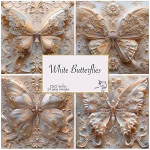 Weiße Schmetterlinge Digitales Papier Elegante Designs Sublimationsbilder Rokoko Art Deco Boho Dekor Sofortiger Download Kommerzielle Nutzung