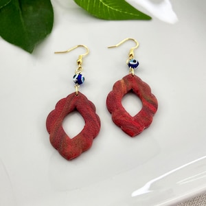 Handcrafted Earrings with Evil Eye Beads, Red Color with Embossed Texture, Gold Plated Hooks, Lightweight and Hypoallergenic