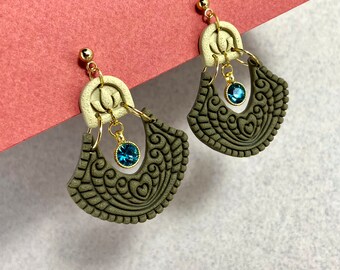 Handmade Clay Earrings with Embossed Ornate Design and Gold Plated Studs - Lightweight and Elegant