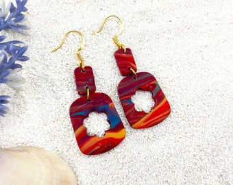 Glamorous Red Drop Clay Earrings,  Gold Plated Hook Earrings, Unique,  Handmade, Lightweight, Hypoallergenic