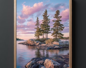 Northern Ontario Lake - Sunset Jack Pines - Muskoka - Watercolour-Style Landscape, wall art