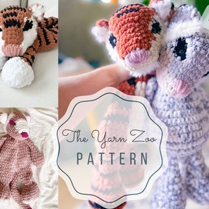 May include: Two crocheted stuffed animal patterns, a tiger and a raccoon, with the text "The Yarn Zoo PATTERN" and "2 IN 1!" on the image.