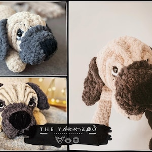 May include: A plush, handmade crochet dog in a pug style. The dog has a tan body, dark gray ears, and a dark brown muzzle. The Yarn Zoo logo is visible in the bottom right corner.