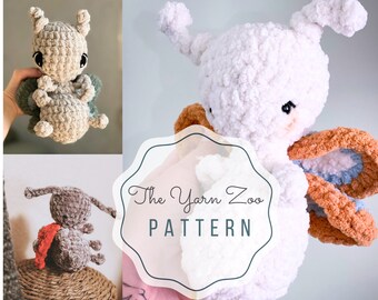 May include: Crochet pattern for a plush toy ant with a butterfly design. The ant is made with brown yarn and has a red and brown butterfly on its back. The pattern is called "The Yarn Zoo".
