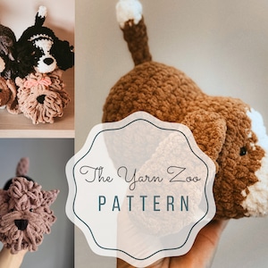 May include: Crochet pattern for a brown and white dog with a fluffy tail. The pattern is called "The Yarn Zoo".