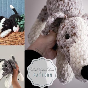 May include: Crocheted dog plushies in black and white, and gray and white. The plush toys have long snouts, floppy ears, and black eyes. One is lying on a woven basket. The Yarn Zoo Pattern logo is visible.