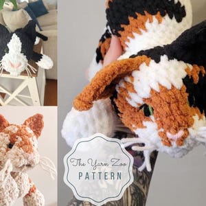 Puede incluir: Un patrón de crochet para un gato calico con pelaje negro, blanco y naranja. El patrón se llama "The Yarn Zoo" y está disponible para su compra.