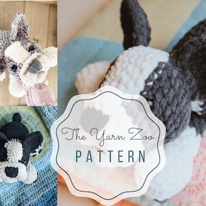 May include: Image of a crocheted dog pattern in black, white, and grey. The image shows three different crocheted dog toys, with the text "The Yarn Zoo PATTERN" in a decorative frame. The toys are soft and plush.
