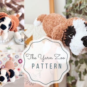 May include: Crochet pattern for a brown and white dog, with the text "The Yarn Zoo Pattern" on a pink and white background.