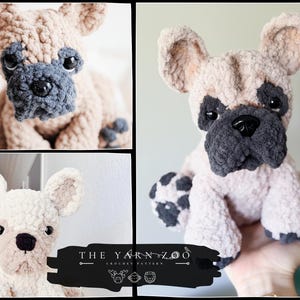 Può includere: Un peluche all'uncinetto a forma di bulldog francese realizzato con filato color marrone chiaro e grigio scuro, con occhi e naso in plastica nera. L'immagine include il testo THE YARN ZOO CROCHET PATTERN con icone di animali sotto.