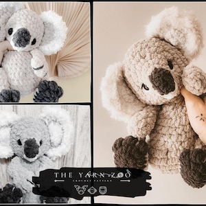 May include: A plush, handmade koala bear in shades of gray and white. The koala has large, fluffy ears, a dark gray nose, and dark gray paws. The image includes the text "THE YARN ZOO CROCHET PATTERN".