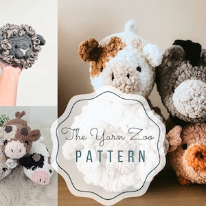 Puede incluir: Colección de cabezas de animales de ganchillo hechas a mano, incluyendo un león, una vaca, un caballo y un cerdo. El patrón The Yarn Zoo aparece en el centro. Los animales están hechos con hilo suave y texturizado en varios colores.