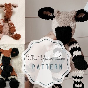 May include: Crocheted giraffe and zebra plush toys in shades of brown, pink, black, and white. The giraffe has brown spots and the zebra has black stripes. The text "The Yarn Zoo PATTERN" is displayed on a decorative label.