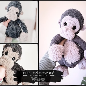 May include: A handmade crochet monkey plushie in shades of gray and light beige. The monkey has a textured, fluffy appearance with large, round eyes and a friendly expression. The plushie is soft and cuddly, perfect for children.