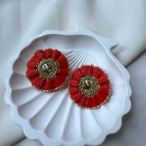 Handmade Red Beaded Flower Earrings – Statement Boho Jewelry with Crystal Center – Embroidered Poppy-Inspired Earrings for Women