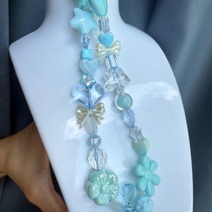 Cute Pastel Blue Charm Necklace, Kawaii Beaded Choker, Y2K Aesthetic Jewelry, Fairycore Resin Heart Star Bow Beads, Gift for Her