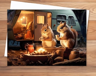 Two Squirrels Camping in Front of Fire with Camper 5x7 Greeting Cards Customizable