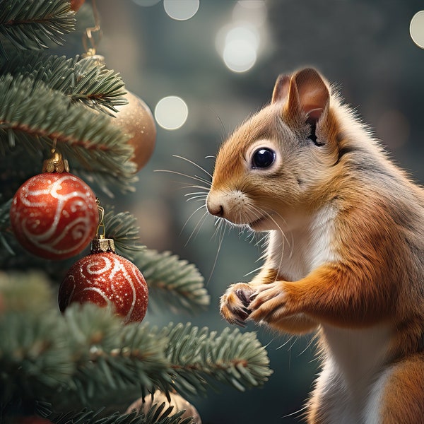 Squirrel Looking at Christmas Ornaments 5x7 Greeting Card Customizable