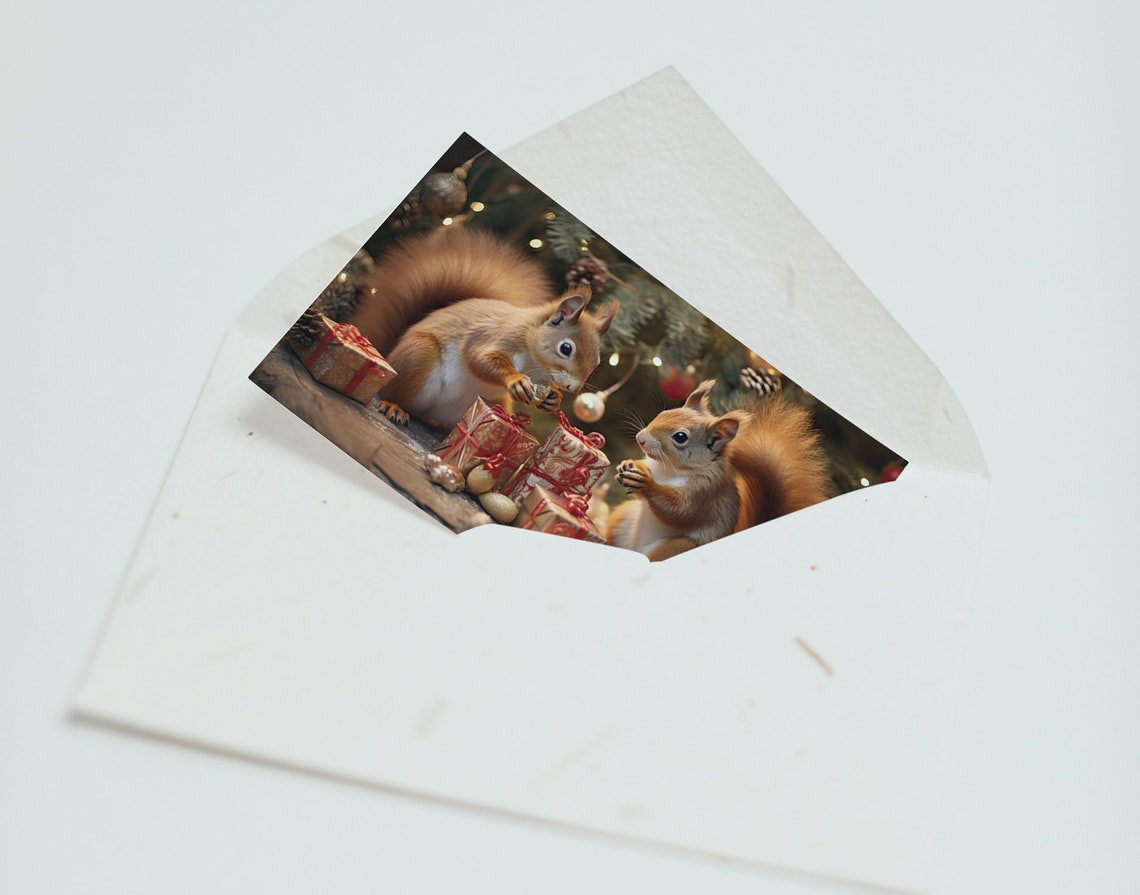 Two Christmas Squirrels Opening Presents 5 X7 Greeting Card