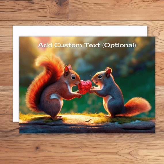 Two Squirrels With Heart 5x7 Greeting Card, Customizable Text
