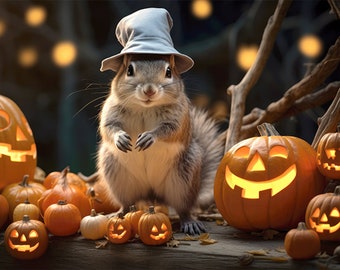Halloween Squirrel with Pumpkins and Hat 5x7 Greeting Card Customizable