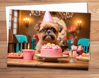 May include: A small brown dog wearing a pink party hat sits at a table with a pink birthday cake and candles. The dog is looking at the camera.