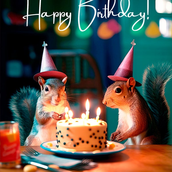 Two Squirrels Happy Birthday Personalized Custom Greeting Cards with Birthday Hats, Birthday Candles and Birthday Cake