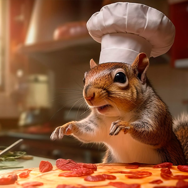 Squirrel Making Pizza Card with Squirrel Cooking Pizza Card Custom Greeting Squirrel Card, Pizza Squirrel, Chef Squirrel Cooking in Hat Card