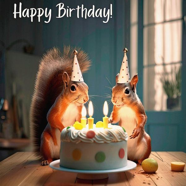 Squirrel Birthday Card with Birthday Cake Birthday Hats Birthday Candles Two Squirrels Personalized Custom 5x7 Greeting Card